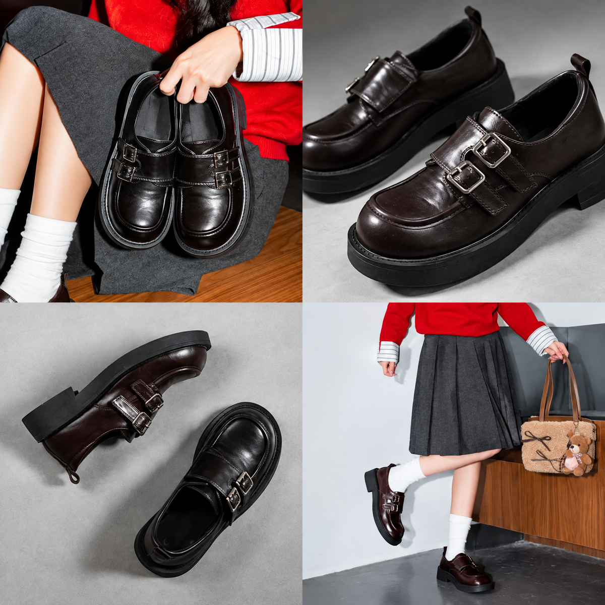 Sea Salt Square Loafers — Women’s Double-Buckle Platform Dress Shoes