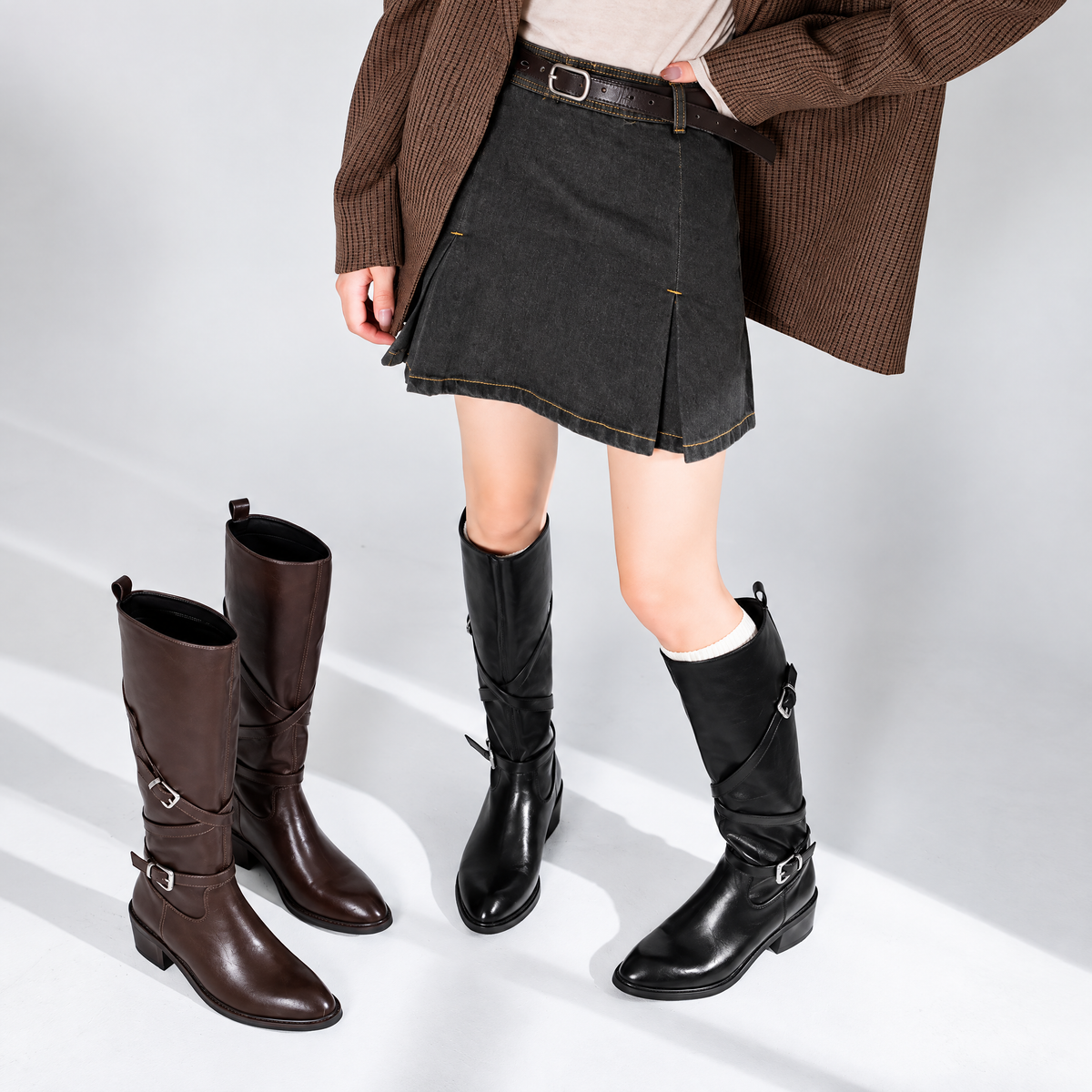 London & Iceland Tall Boots — Women’s Knee-High Buckle Strap Block Heel Boots