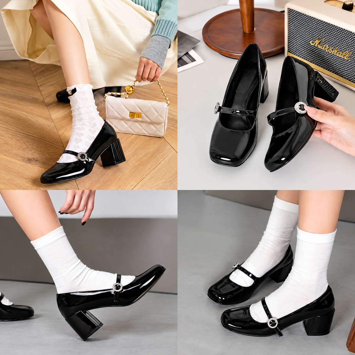 Hazelnut Mocha Mary Jane Pumps — Women’s Patent-Look Buckle Block Heel Shoes